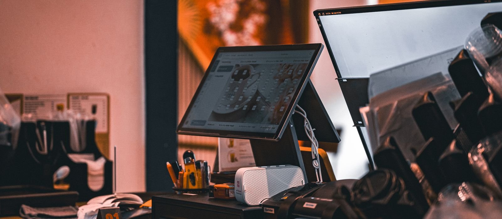 Balcão de pequena empresa com equipamento de automação comercial
